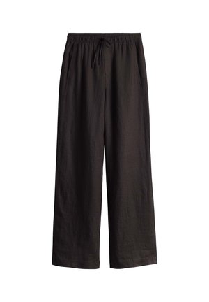 Black wide-leg pants with an elastic waistband and drawstring. Made from lightweight, textured fabric, featuring side pockets.