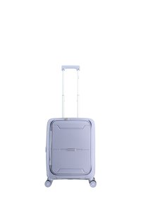 Light purple hard-shell suitcase with four spinner wheels and an extended telescopic handle, front zippered compartment and horizontal ridges.