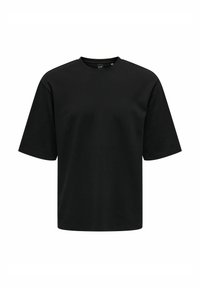 Schwarzes T-Shirt aus Baumwolle mit Rundhalsausschnitt, kurzen Ärmeln und regulärer Passform. Glatte Textur ohne sichtbare Muster oder Logos.