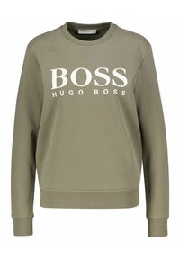 Olivově zelená mikina vyrobená z bavlněné směsi, s klasickým výstřihem a žebrovanými manžetami, na přední straně s odvážným bílým nápisem "BOSS HUGO BOSS".