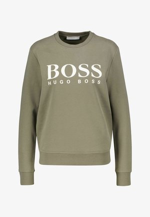 Olivgrön sweatshirt i bomullsmix, med rund hals och ribbade ärmslut, med fet vit text "BOSS HUGO BOSS" på framsidan.