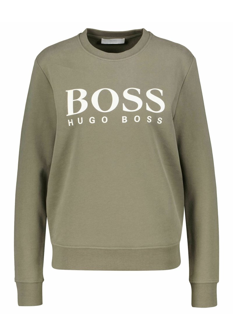 Olivově zelená mikina vyrobená z bavlněné směsi, s klasickým výstřihem a žebrovanými manžetami, na přední straně s odvážným bílým nápisem "BOSS HUGO BOSS".