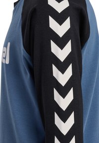 Blauer und schwarzer langärmeliger Hemdärmel mit weißen Chevron-Streifen, die vertikal entlang des schwarzen Stoffes verlaufen.