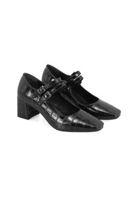 Schwarze Lackleder-Mary-Jane-Schuhe mit quadrater Spitze, zwei verstellbaren Riemen und einem strukturierten Alligator-Muster im Obermaterial.