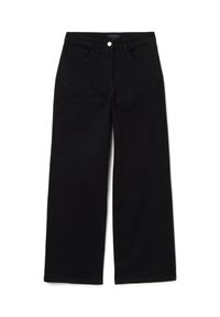 Jeans neri a gamba larga in cotone resistente con una texture liscia. Presentano cinque tasche e una chiusura frontale con bottoni.