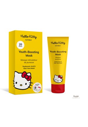 Boîte et tube jaune vif Hello Kitty Geske Youth-Boosting Mask avec bouchons rouges, contenant de l'acide hyaluronique, de l'aloé vera et 20 masques inclus.