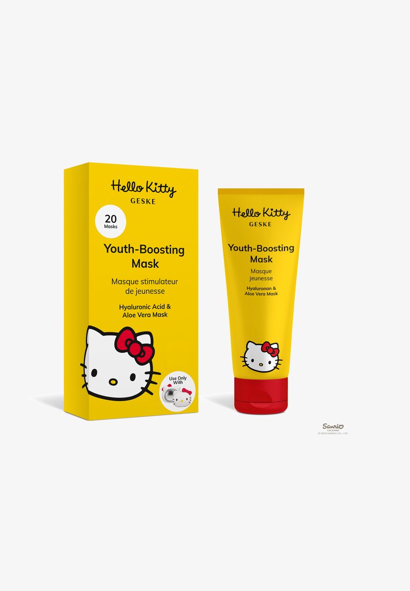 Boîte et tube jaune vif Hello Kitty Geske Youth-Boosting Mask avec bouchons rouges, contenant de l'acide hyaluronique, de l'aloé vera et 20 masques inclus.