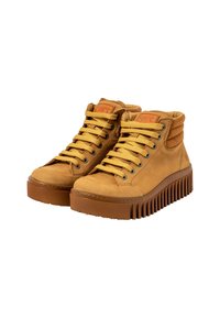 Tan high-top sneakers with textured leather upper, thick ridged sole, and contrasting yellow laces. Features a logo tag on the ankle.