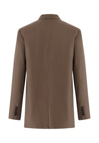 Brauner Blazer mit einer glatten Textur, einreihigem Design, angedeuteten Revers und schwarzen Knopfakzenten an den Ärmeln. Rückansicht sichtbar.