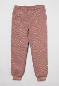 Gequiltte, loszittende broek in een stofkleur van stofroze met een getextureerd geometrisch patroon, elastische tailleband en contrasterende witte zijkanten. Geribbelde boorden.