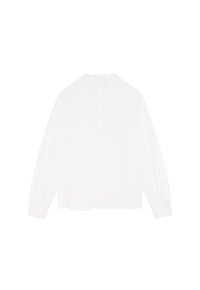 Blusa bianca a maniche lunghe con colletto alto, pattina dei bottoni e polsini arricciati. Tessuto morbido con delicati dettagli a scallop lungo il décolleté.