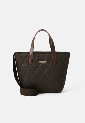 Quilted dark brown handbag with leather handles, fabric shoulder strap, and small gold "Barbour" logo plaque on front.