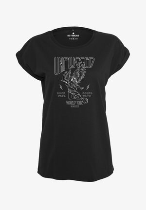 Black t-shirt with rolled sleeves featuring white graphic print. Design includes the word "UNPLUGGED" and an angelic figure with lightning bolts.