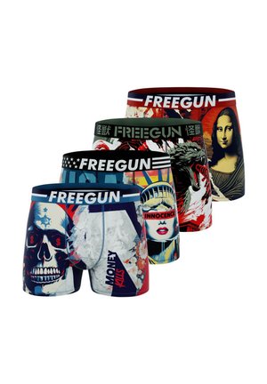 Boxers pour hommes colorés arborant divers designs graphiques, y compris des têtes de mort et des œuvres d'art classiques. Fabriqués en tissu extensible avec des ceintures élastiques.