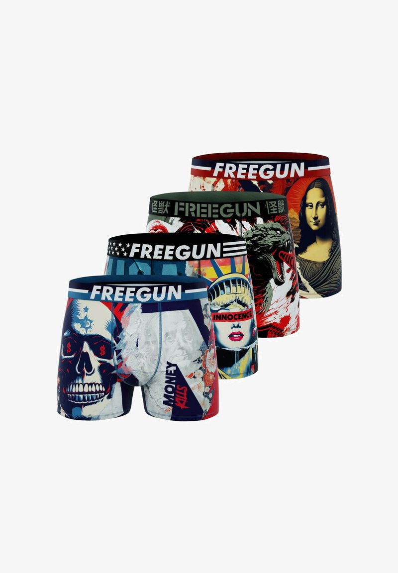 Boxers pour hommes colorés arborant divers designs graphiques, y compris des têtes de mort et des œuvres d'art classiques. Fabriqués en tissu extensible avec des ceintures élastiques.