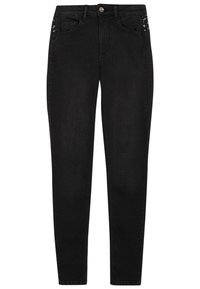 Jeans skinny de mezclilla negra con un diseño clásico de cinco bolsillos, un cierre de botón metálico y sutiles acentos decorativos cerca de los bolsillos.