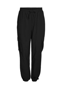 Pantalon cargo noir en tissu léger, avec une taille élastique à cordon de serrage, des poches latérales et des poignets élastiques.
