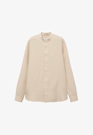 Long-sleeve, beige linen shirt with a mandarin collar, front button placket, and straight hem; smooth texture and lightweight design.