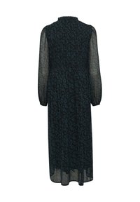 Long-sleeved dress in dark blue with a floral pattern. Features a gathered waist and a semi-sheer texture, with a high neckline.