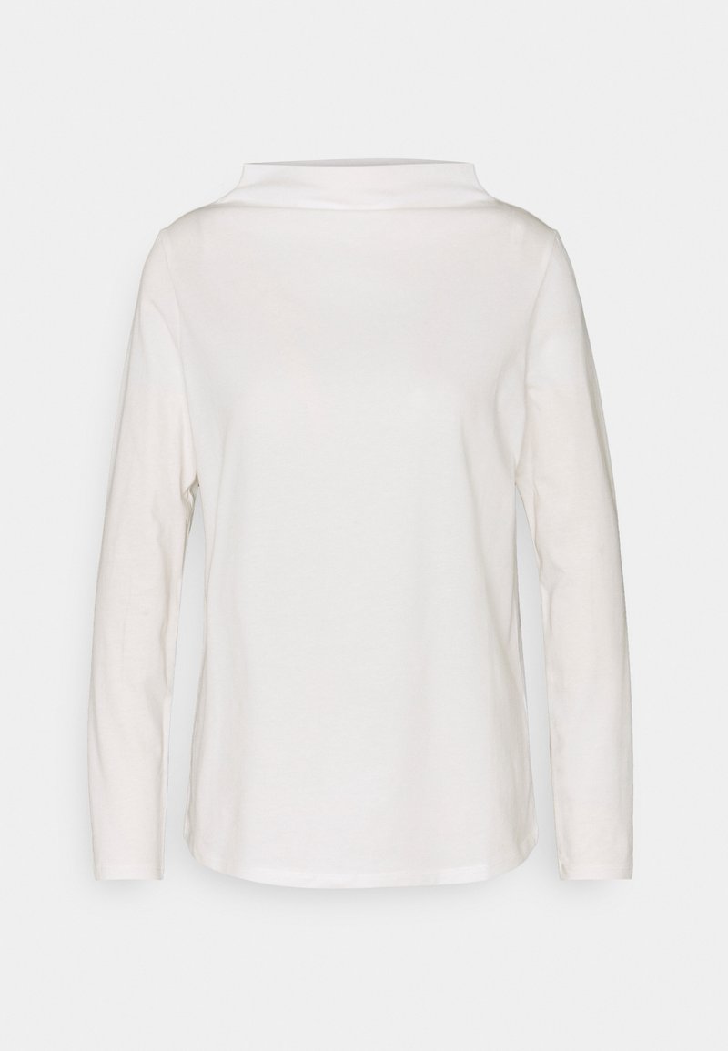 T-shirt à manches longues blanc en coton doux avec un col rond et une coupe décontractée, présentant une texture lisse et uniforme sans accents visibles.