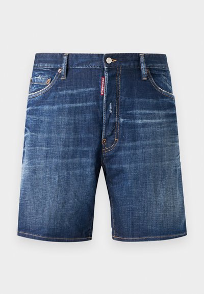 Μπλε τζιν σορτσάκι με εμπρόσθιες τσέπες, θηλιές για ζώνη, κλείσιμο με κουμπί και διακριτικές λεπτομέρειες ξεθωριάσματος.