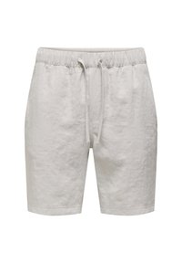 Hellgraue Leinen-Shorts mit elastischem Bund, verstellbarem Kordelzug, geradem Schnitt und ohne sichtbare Taschen. Glatte Textur und minimalistisches Design.