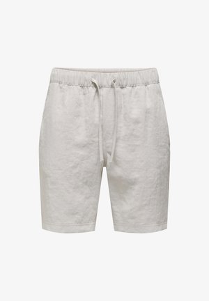 Hellgraue Leinen-Shorts mit elastischem Bund, verstellbarem Kordelzug, geradem Schnitt und ohne sichtbare Taschen. Glatte Textur und minimalistisches Design.