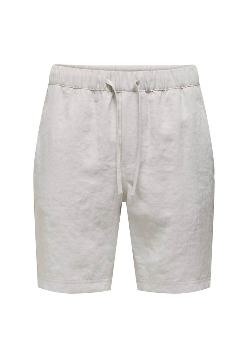 Hellgraue Leinen-Shorts mit elastischem Bund, verstellbarem Kordelzug, geradem Schnitt und ohne sichtbare Taschen. Glatte Textur und minimalistisches Design.
