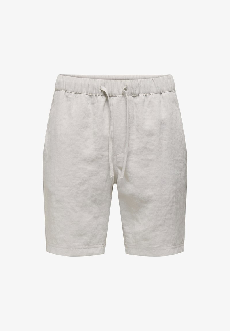 Light gray linen shorts with an elastic waistband, adjustable drawstring, straight cut, and no visible pockets. Smooth texture and minimal design.