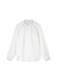Blusa bianca a maniche lunghe con motivo a quadri testurizzato, arricciatura al colletto e decorazione ricamata lungo le cuciture delle spalle.
