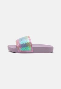 Purple slide sandals with a reflective, iridescent strap. Features textured footbed and smooth outer sole. Strap has shimmering color variations.