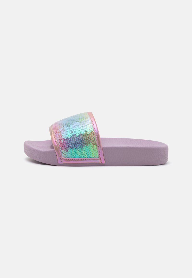 Purple slide sandals with a reflective, iridescent strap. Features textured footbed and smooth outer sole. Strap has shimmering color variations.
