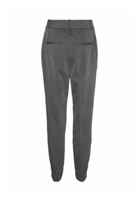 Pantaloni grigi su misura con una vestibilità slim, frontale piatto, due tasche posteriori e una texture liscia. Un design classico adatto a occasioni formali.