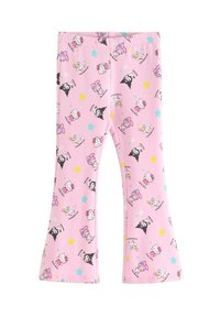 Pantalon évasé rose en tissu doux avec un motif répétitif de personnages de dessin animé et d'étoiles colorées. Tissu léger et ceinture élastique.