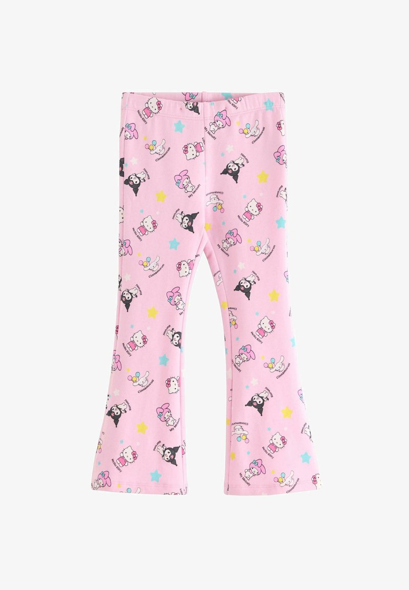 Pantalon évasé rose en tissu doux avec un motif répétitif de personnages de dessin animé et d'étoiles colorées. Tissu léger et ceinture élastique.