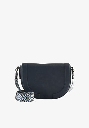 Geantă de umăr din piele navy cu clapetă curbată, având o curea cu model în nuanțe de albastru și crem cu design geometric. Include curea detașabilă.