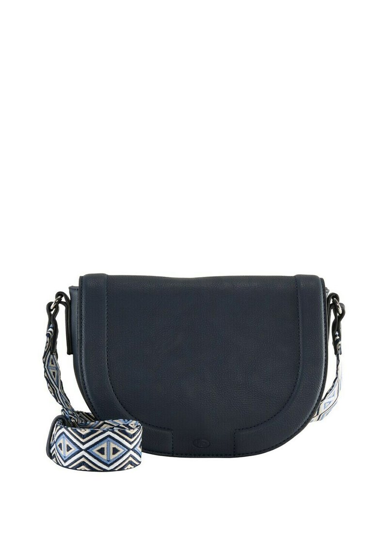 Borsa a tracolla in pelle blu navy con pattina curvata, dotata di una tracolla decorata con motivi geometrici blu e crema. Include una tracolla removibile.