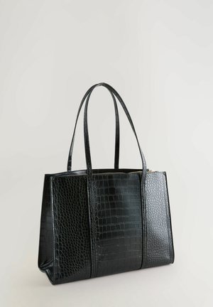 Borsa tote in ecopelle effetto coccodrillo nera, con due manici lunghi, forma rettangolare, superficie liscia e chiusura con zip nella parte superiore.