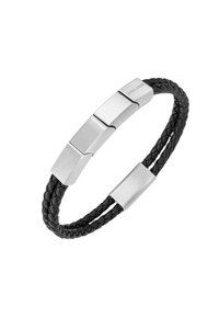Bracciale in pelle nera intrecciata con accenti rettangolari metallici argentati. Presenta una finitura liscia e un design minimalista.