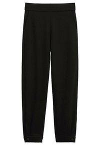 Pantalons noirs à jambes droites avec poches latérales et poignets à boutons aux chevilles, conçus pour un ajustement ajusté.