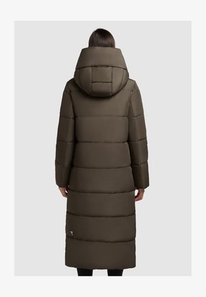 Long, puffy brown parka with a large hood, horizontal stitched pattern, and minimalistic design. Features a logo tag near the hem.