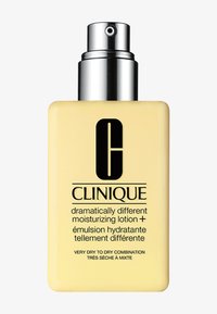Clinique Dramatically Different Moisturizing Lotion+ in una bottiglia gialla con un erogatore argentato. Presenta un logo nero e testo del prodotto bilingue.