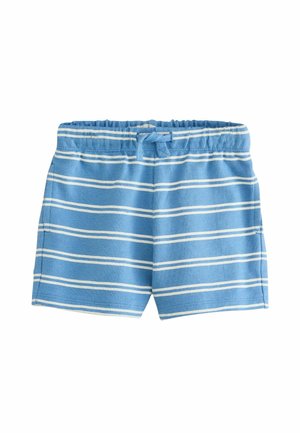 Blå småbørnsshorts med hvide vandrette striber og elastik i taljen med bundet snøre.