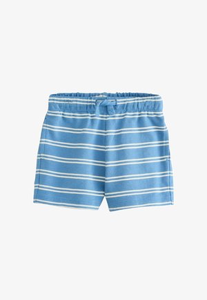 Blå småbørnsshorts med hvide vandrette striber og elastik i taljen med bundet snøre.