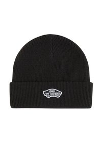 Berretto in lana nera con texture a coste e risvolto. Presenta un patch logo ricamato bianco con un'auto e il testo "VANS OFF THE WALL".