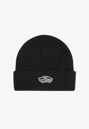 Berretto in lana nera con texture a coste e risvolto. Presenta un patch logo ricamato bianco con un'auto e il testo "VANS OFF THE WALL".