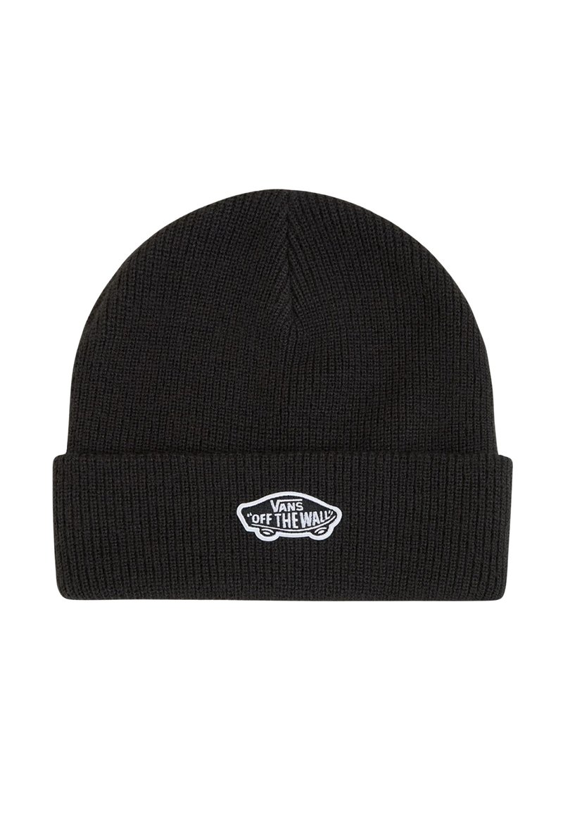 Berretto in lana nera con texture a coste e risvolto. Presenta un patch logo ricamato bianco con un'auto e il testo "VANS OFF THE WALL".