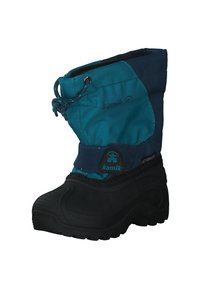Vattentät snöboot med en teal-överdel, svart gummisula, justerbar dragsko och Kamik-logotyp på sidan.