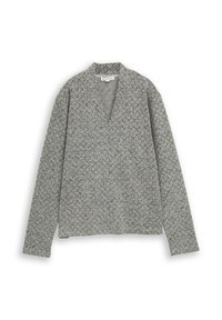 Gray knitted sweater with a V-neck and long sleeves. Features a textured pattern and a relaxed fit, suitable for layering.