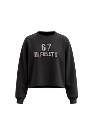 Sort langærmet sweatshirt med ribstrikkede manchetter og halsudskæring, med teksten "67 INFINITY" i mønstrede bogstaver på brystet.